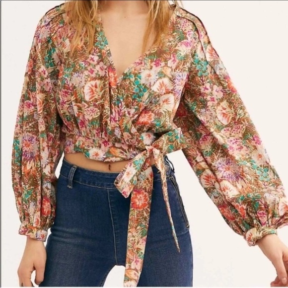 Free People Floral Garden Print Balloon Puff Sleeve Wrap Blouse Top women’s XS - Picture 5 of 16